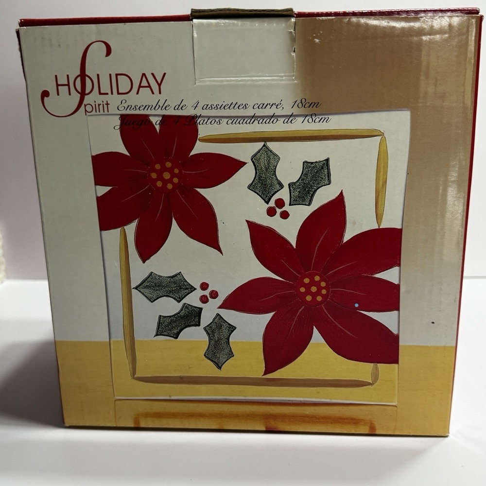 Tabletops CELEBRATIONS Square 7" Mouth Blown Plate Christmas Poinsettia 4 Plates
